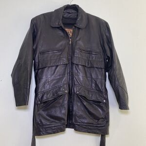 Phase 2 Jacket Mens Large Black Lined Heavy Leather Coat Vintage Long Belted